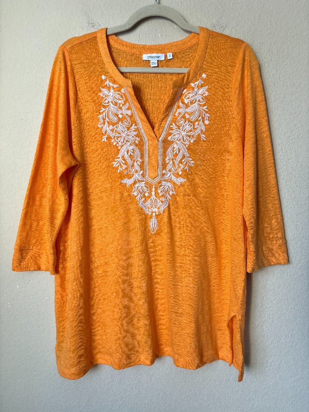 Chico's Linen Embroidered Sequin Bib Orange Blouse Shirt Top